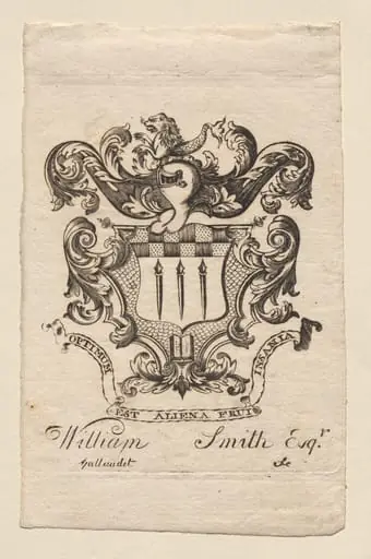 Bookplate: Coat of Arms with William Smith, Esq. inscribed below, by Joseph Callender