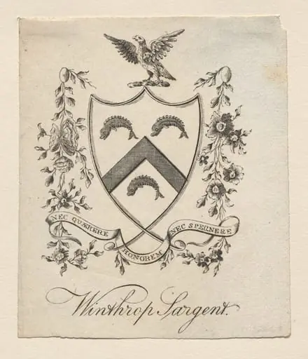 Bookplate: Coat of Arms with Winthrop Sargent inscribed below, by Joseph Callender