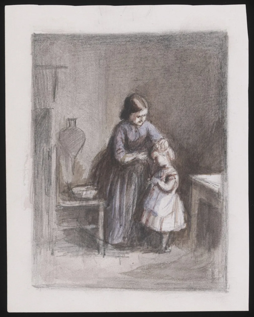 A mother washing a little girl, by Joseph Clark, watercolor, 1860