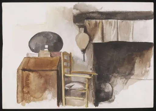 Study of a fireplace, a writing desk and a rush-seated ladderback chair, by Joseph Clark
