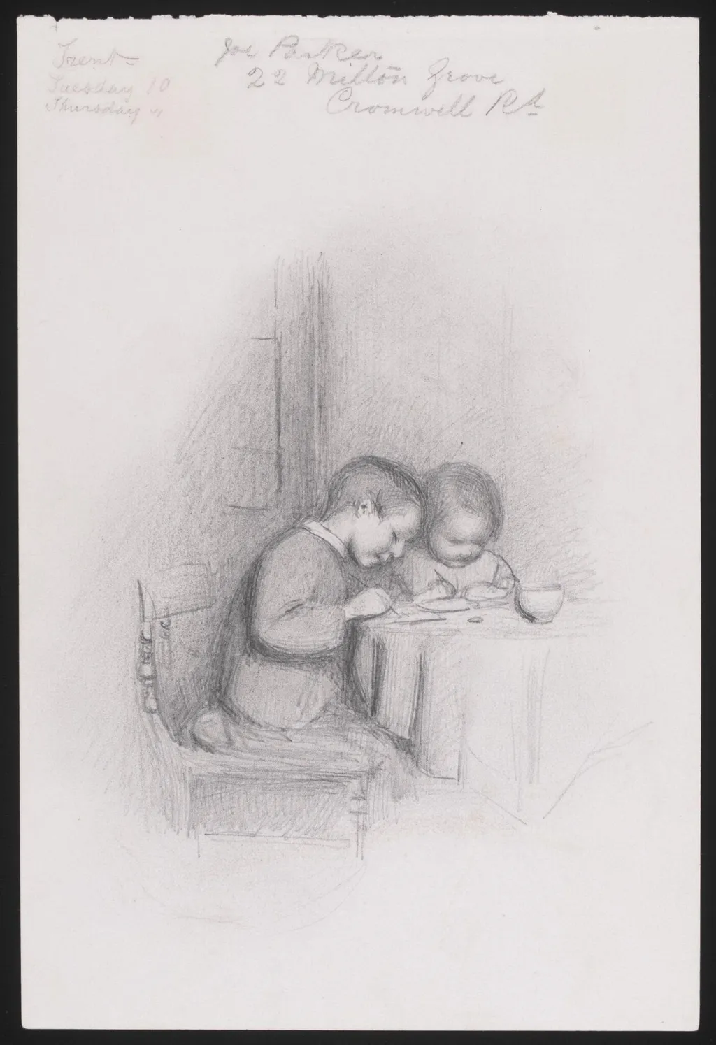 Two children seated at a table, by Joseph Clark, 1850