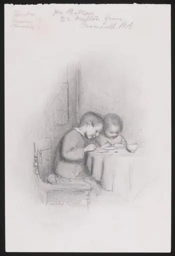 Two children seated at a table, by Joseph Clark
