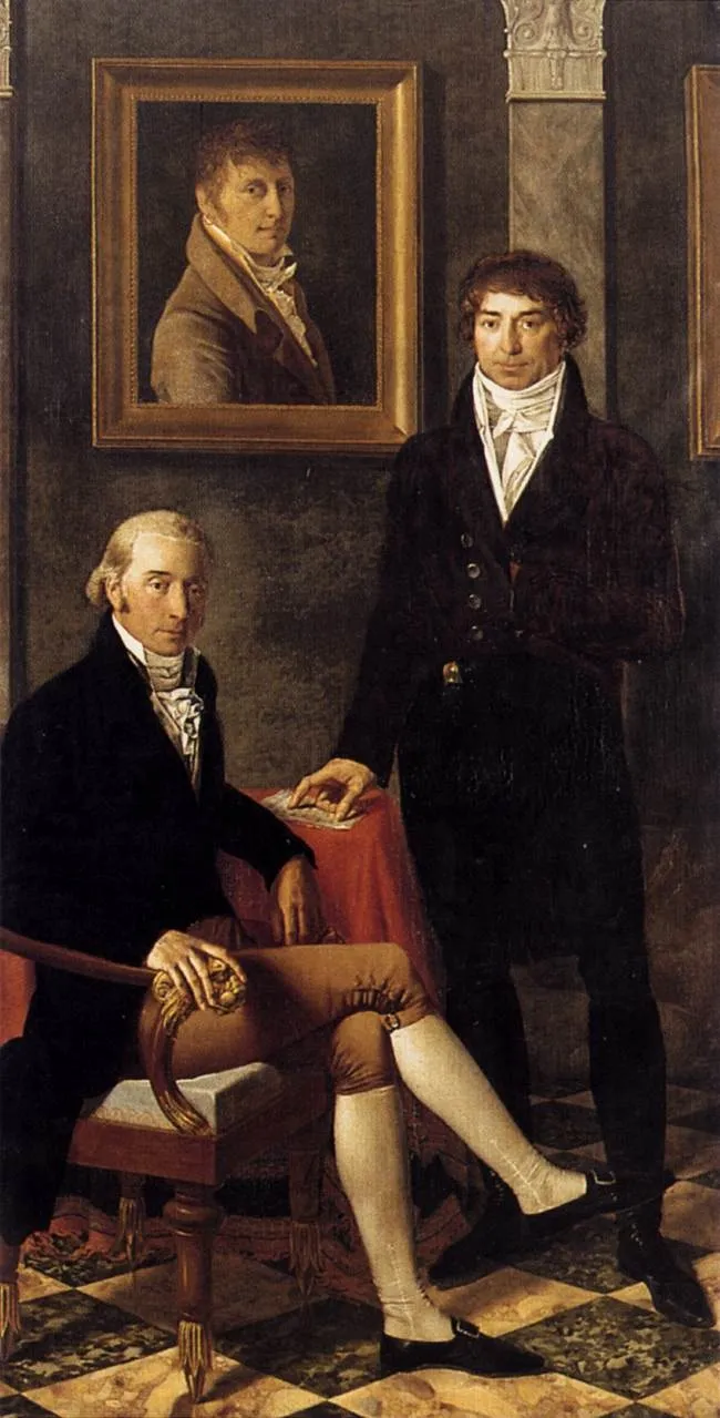 Friendship portrait of the artists François Wynckelman, François van der Donckt and Joseph Odevaere, by Joseph-Denis Odevaere, oil, 1805
