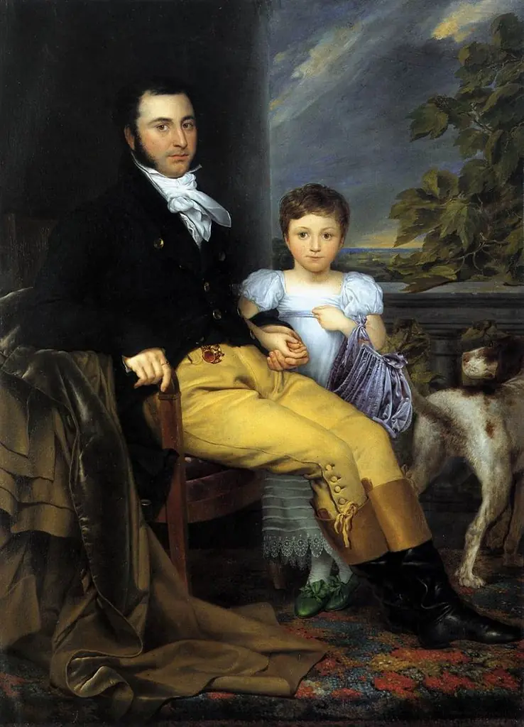 Portret van een voornaam man met zijn dochter en een jachthond, by Joseph-Denis Odevaere