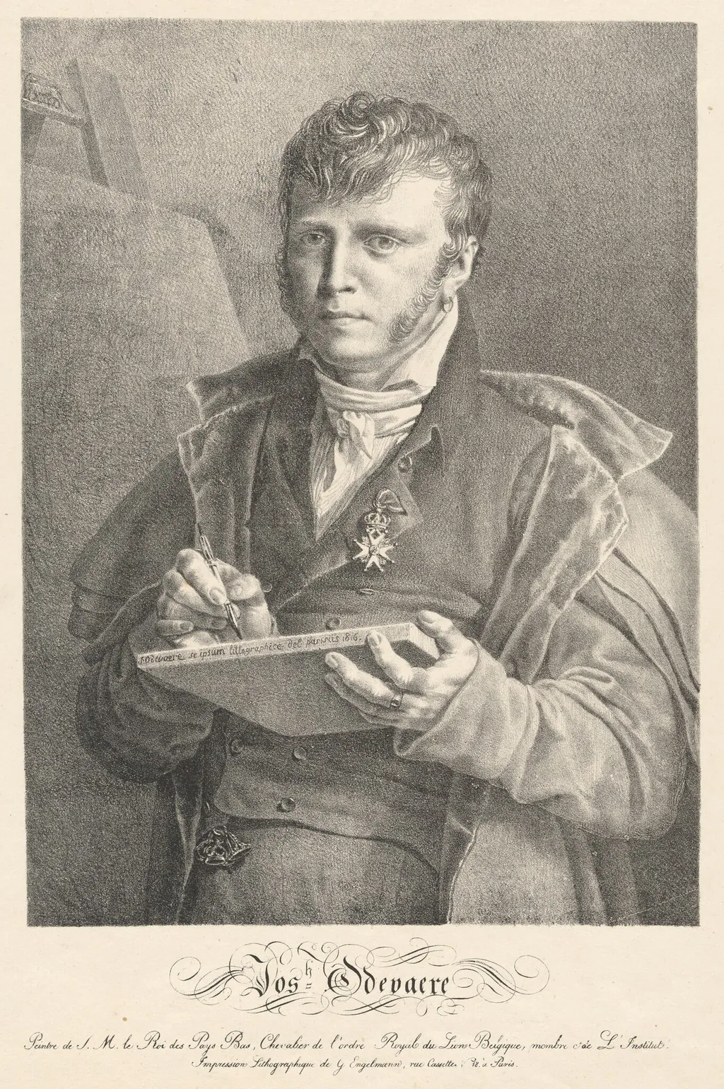 Self-Portrait of the Artist Drawing on a Lithographic Stone, by Joseph-Denis Odevaere, ink, 1816