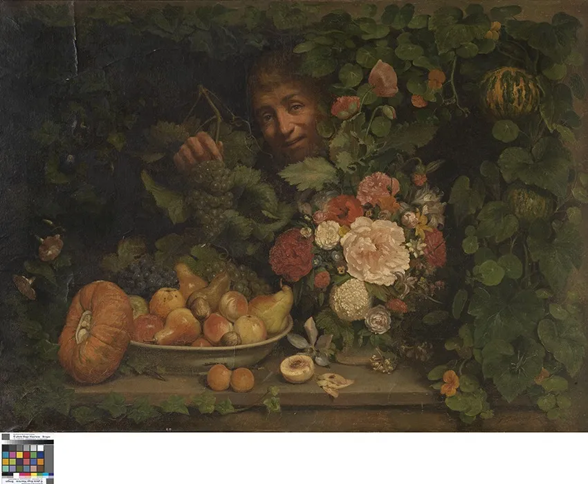 Stilleven met bloemen en fruit, by Joseph Dinnewet, oil, 1864