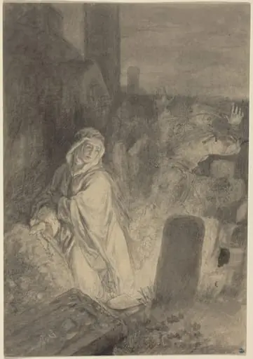 A Man Fleeing from a Nun Praying in a Cemetery, by Joseph Fay