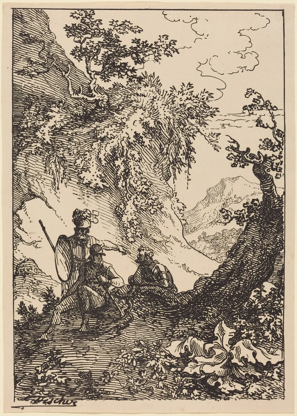 Landscape with Men in Armor, Tree Stump, by Joseph Fischer, ink, 1803