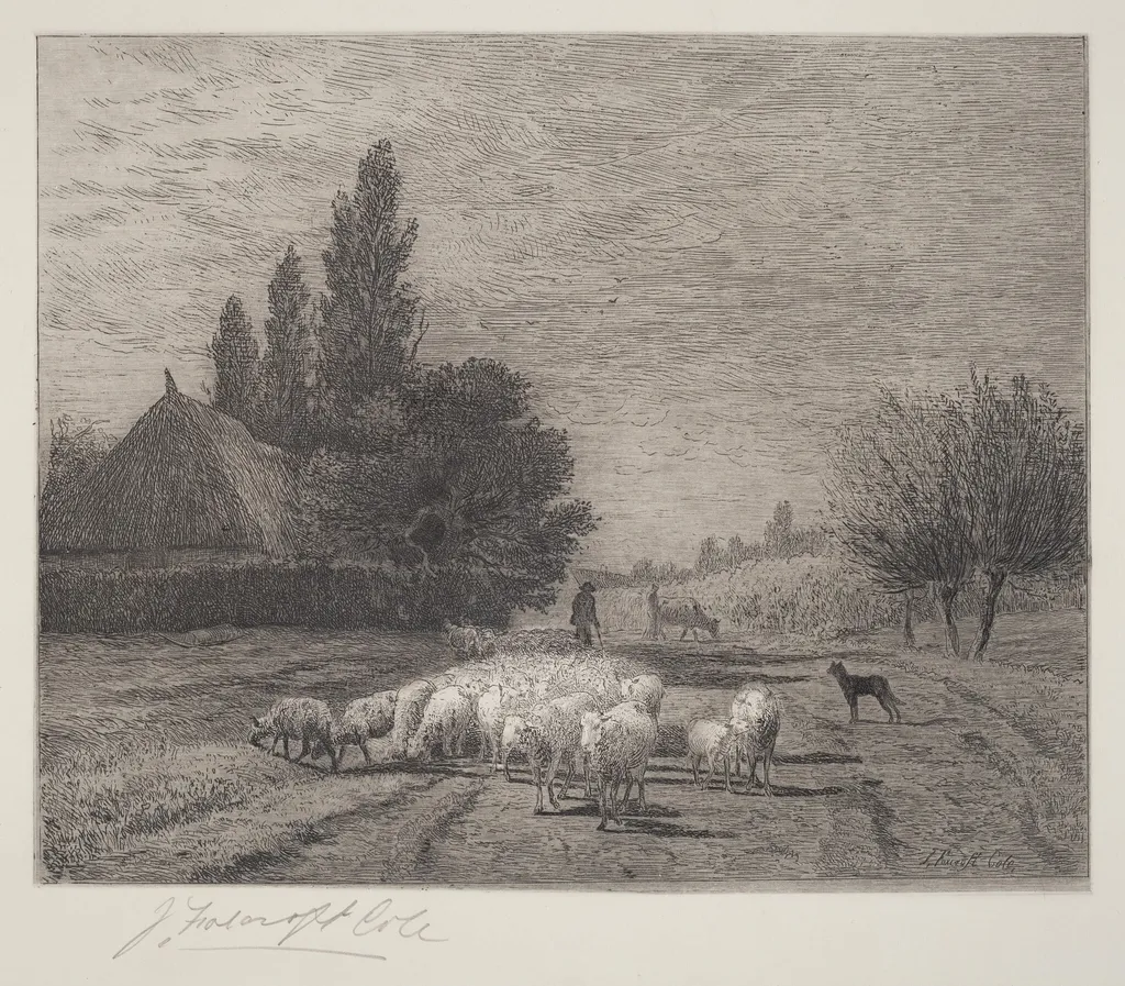Village Street in France With a Flock of Sheep, by Joseph Foxcroft Cole, ink, 1866