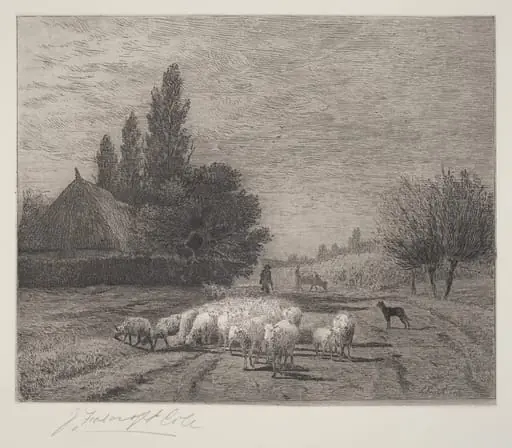 Village Street in France With a Flock of Sheep, by Joseph Foxcroft Cole
