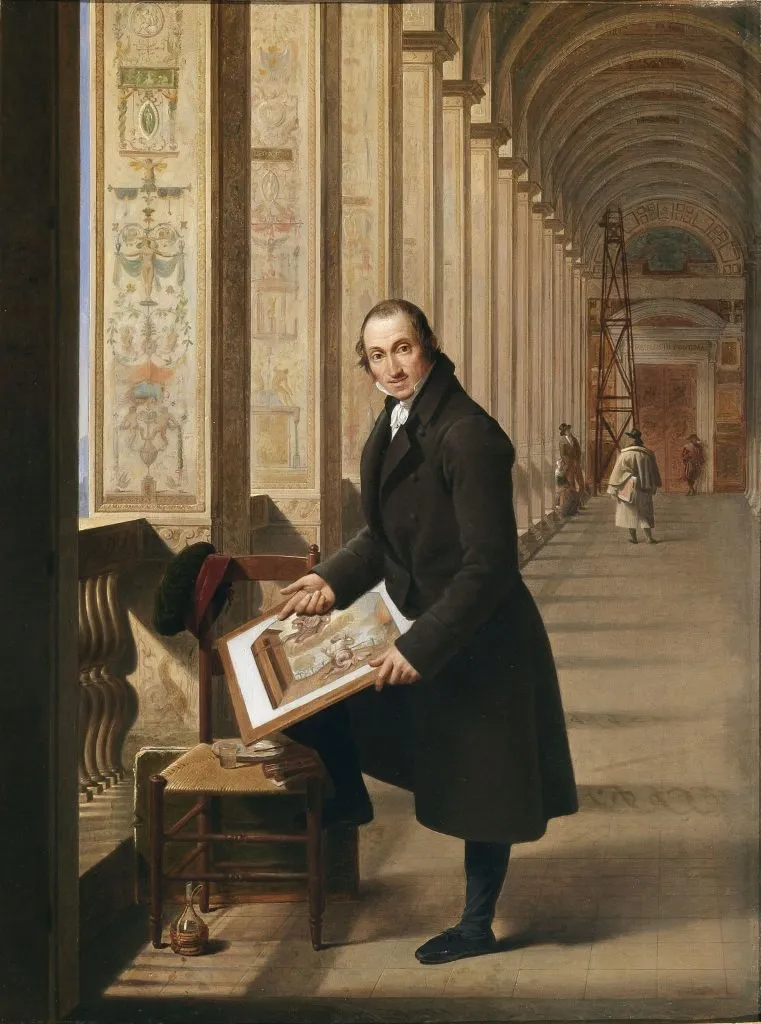 Portret van de graveur Joseph-Charles de Meulemeester aan het werk in de Loggia van het Vaticaan, by Joseph-François Ducq, oil, 1813