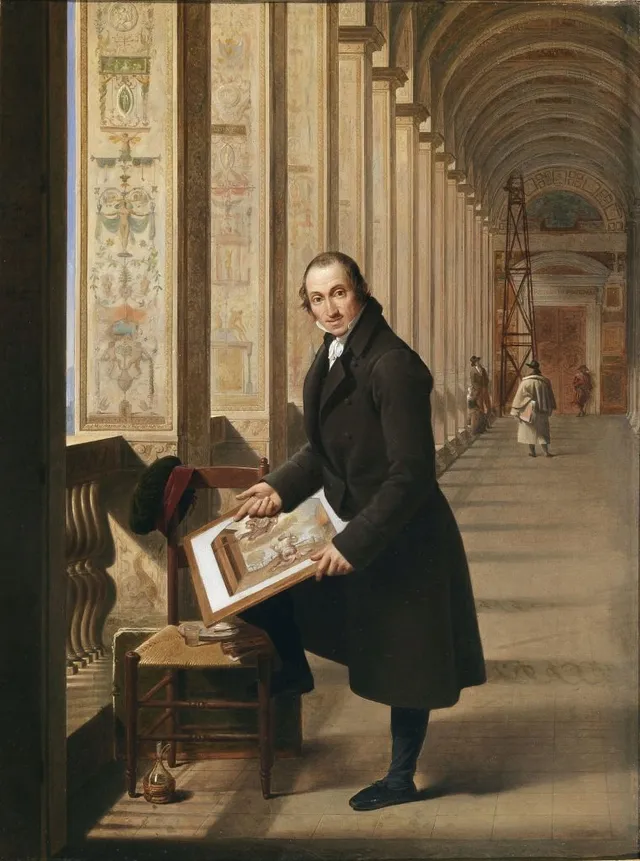Portret van de graveur Joseph-Charles de Meulemeester aan het werk in de Loggia van het Vaticaan