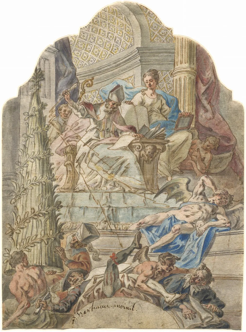 Saint Augustine Subdues Heresy with Lightning Bolts from His Pen, by Joseph Hartmann, ink, 1780