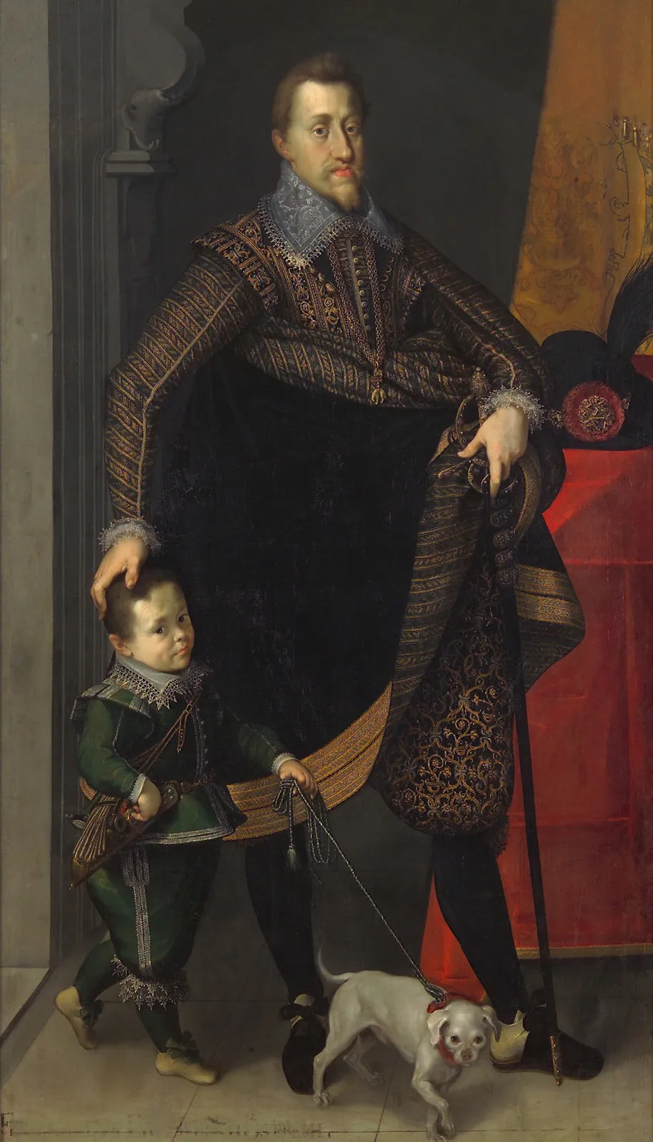Emperor Ferdinand II (1578-1637) in Full Figure with a Court Dwarf, by Joseph Heintz the Elder, unspecified, 1604