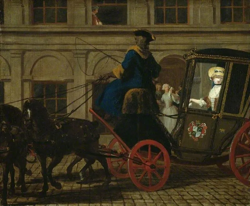 Pamela leaves Mr B's house in Bedfordshire, by Joseph Highmore, oil, 1744