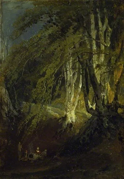 A Beech Wood with Gypsies round a Campfire, by Joseph Mallord William Turner, unspecified, 1800