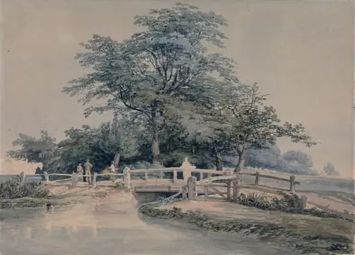 Landscape with trees, figures, bridge and stream, by Joseph Mallord William Turner