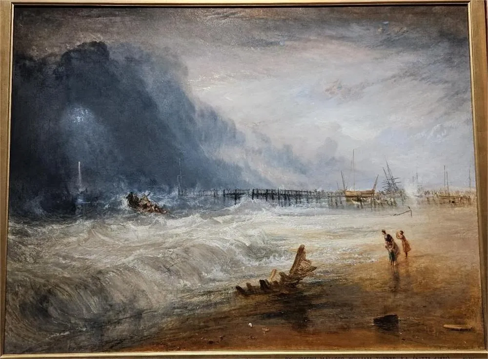 Lifeboat and Manby Apparatus Going off to a Stranded Vessel Making the Signal (Blue Lights) of Distress, by Joseph Mallord William Turner, oil, 1831