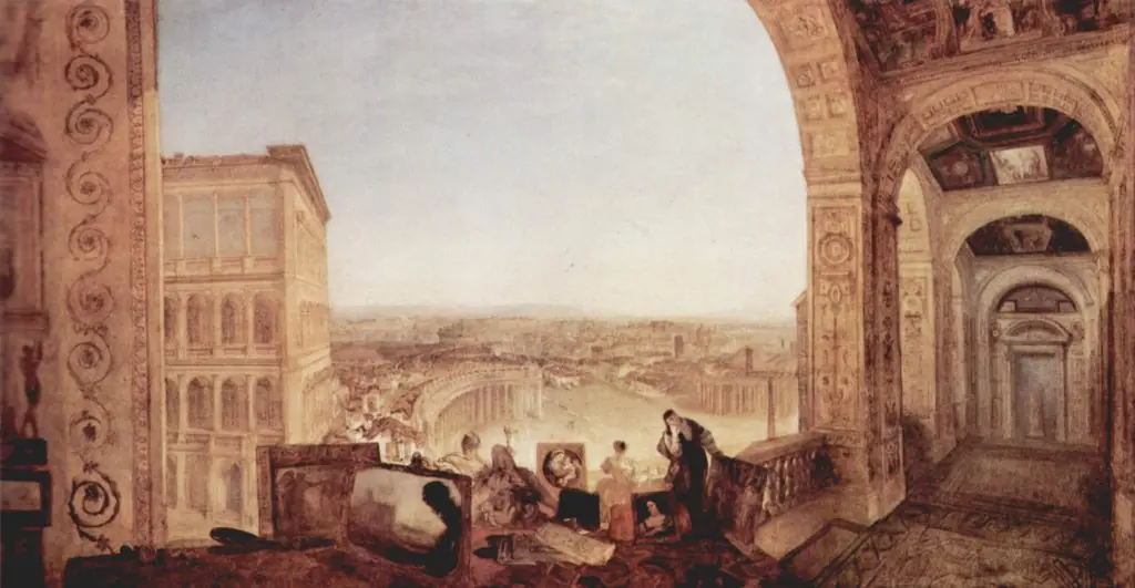 Rome, from the Vatican. Raffaelle, Accompanied by La Fornarina, Preparing his Pictures for the Decoration of the Loggia, by Joseph Mallord William Turner