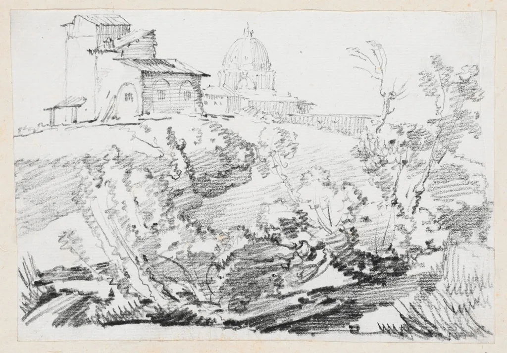 A Building on a Hill with Saint Peter's in the Distance, by Joseph-Marie Vien, graphite, 1747