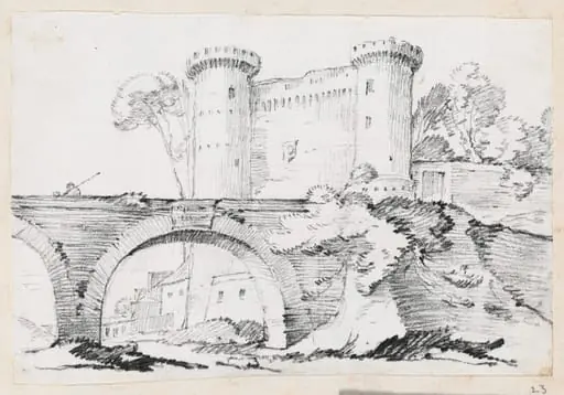 A Stone Bridge and the Fortified Entrance to a Town, by Joseph-Marie Vien