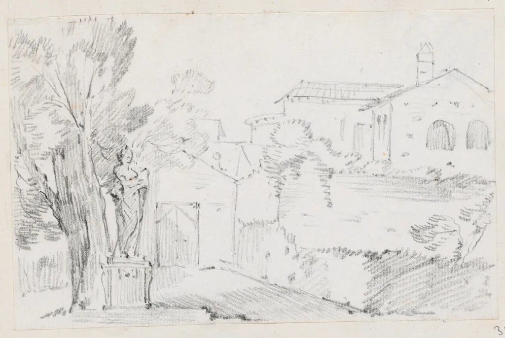 Corner of an Italian Garden with a Church Beyond, by Joseph-Marie Vien, graphite, 1747