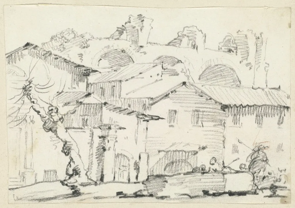 Houses on the North Side of the Forum with the Basilica of Maxentius Beyond, by Joseph-Marie Vien, chalk, 1748