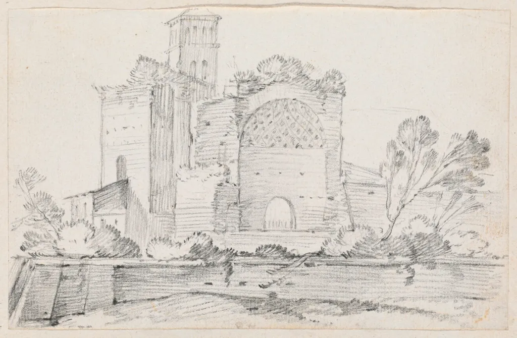 Ruins of the Temple of Venus and Rome in the Forum, by Joseph-Marie Vien, graphite, 1747