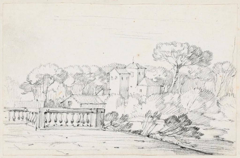 Terrace by a River with a Villa and Trees Beyond, by Joseph-Marie Vien, graphite, 1747