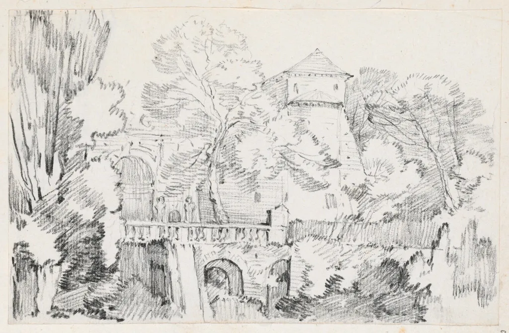 The Water Organ in the Gardens of the Villa d'Este, Tivoli, by Joseph-Marie Vien, graphite, 1747