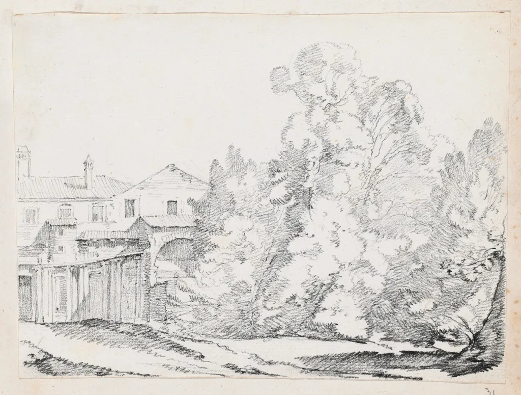 Trees Screening a House Built on Ancient Ruins, by Joseph-Marie Vien, graphite, 1747