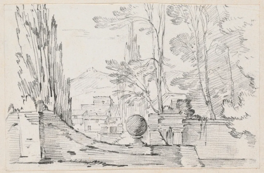View across the Wall of an Italian Garden, by Joseph-Marie Vien, graphite, 1747