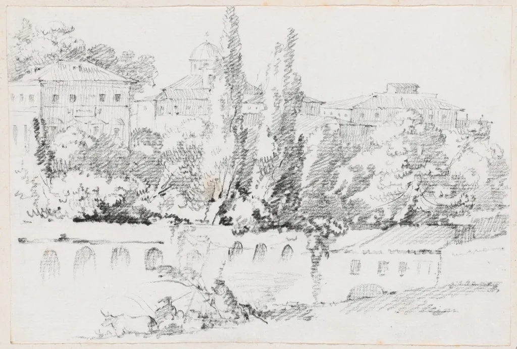 Walls of Rome with Santa Maria del Popolo in the Distance, by Joseph-Marie Vien, graphite, 1747