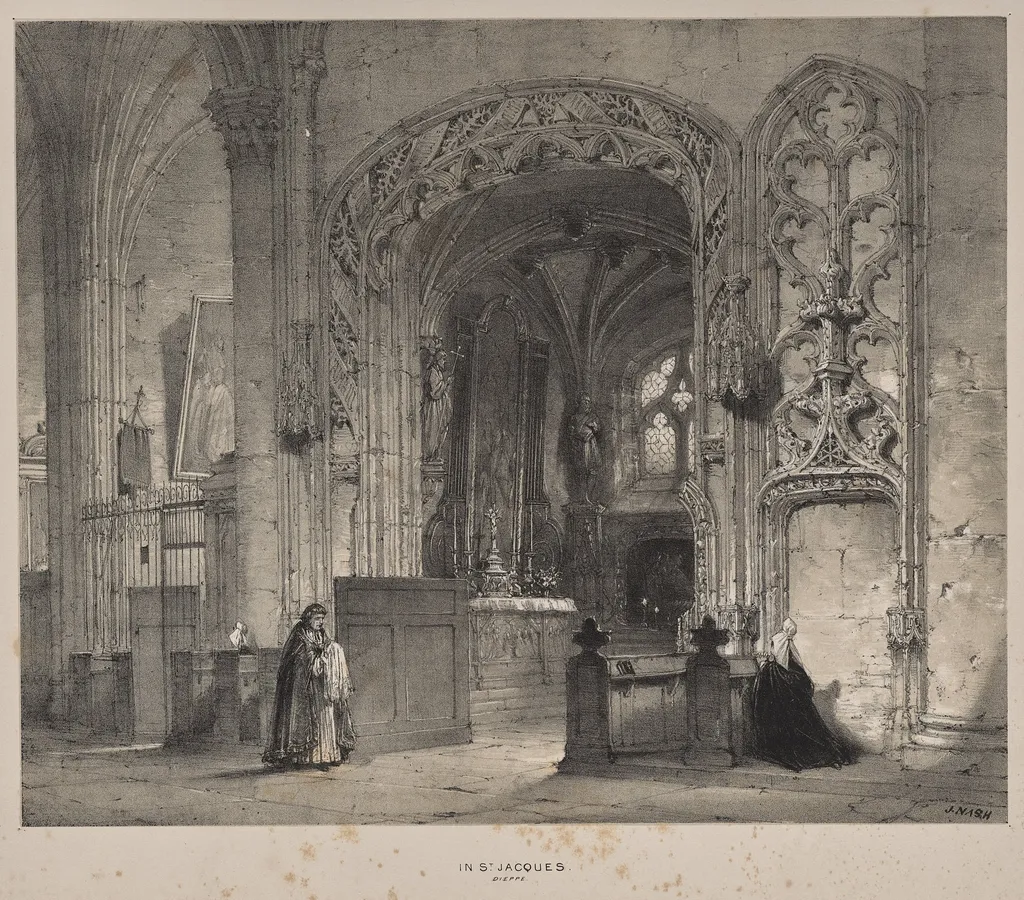 Architecture of the Middle Ages: Chapel in St. Jacques, Dieppe, by Joseph Nash, 1838