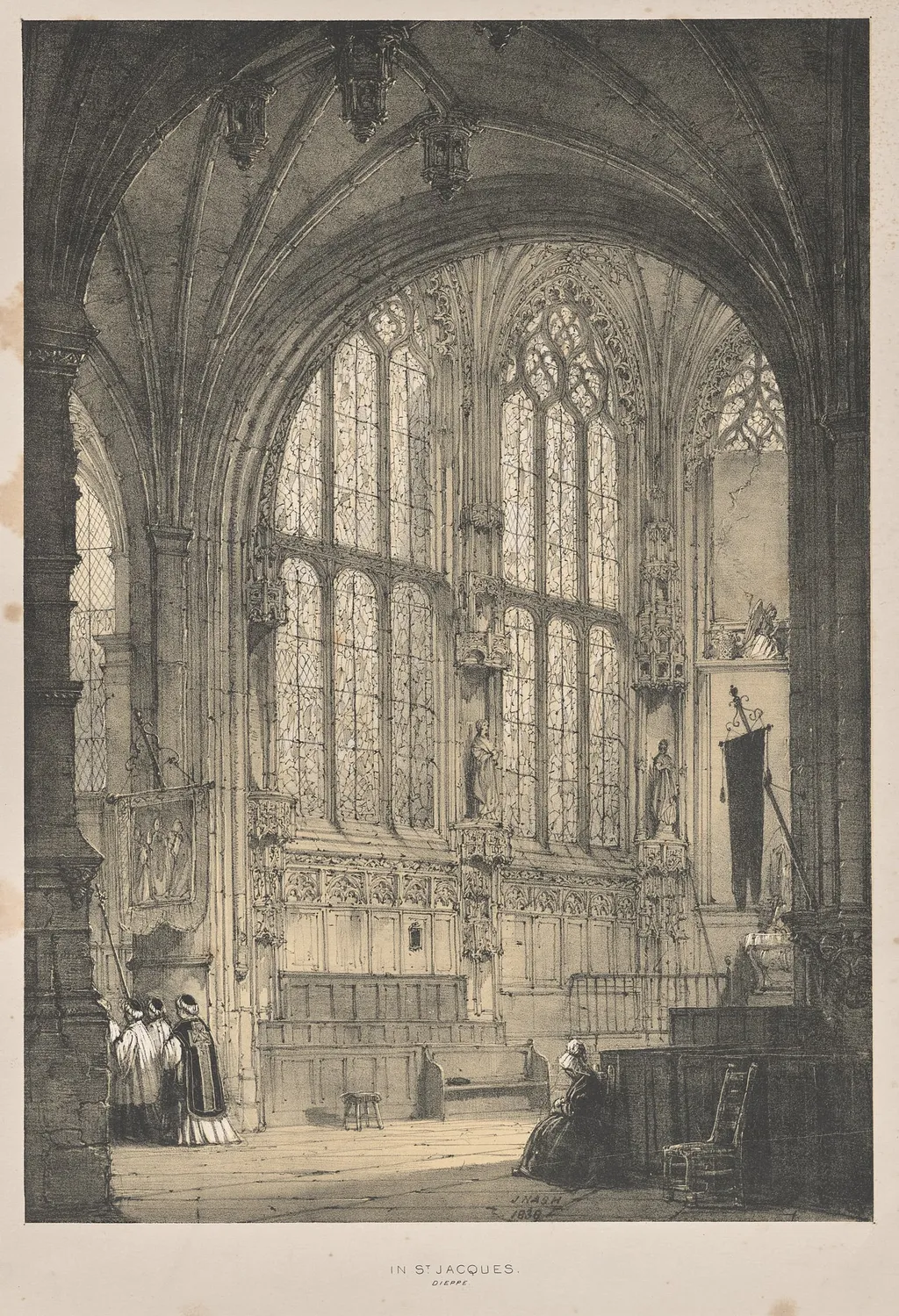 Architecture of the Middle Ages: In St. Jacques, Dieppe, East End, Interior, by Joseph Nash, 1838