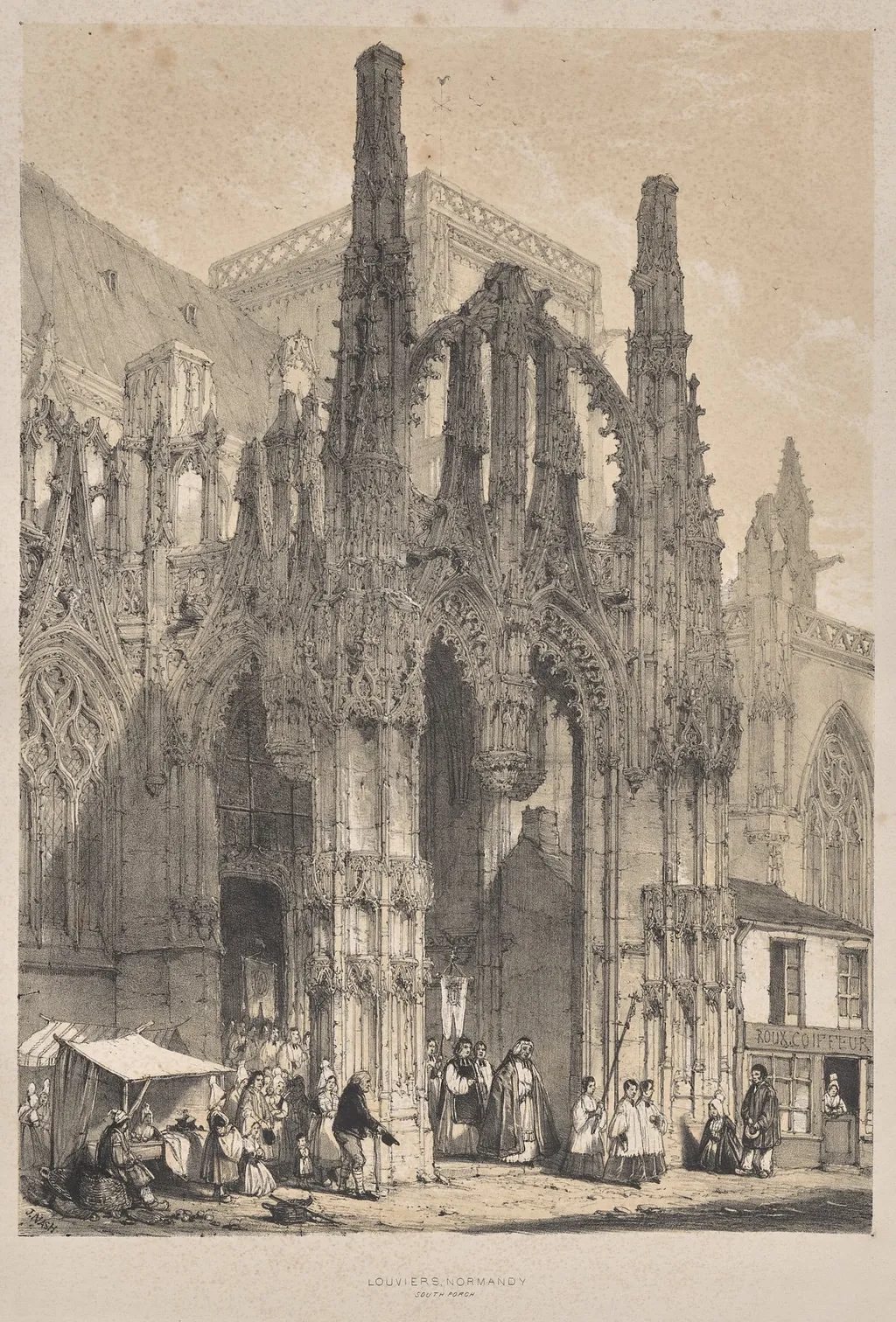 Architecture of the Middle Ages: Louviers, Normandy, South Porch, by Joseph Nash, 1838