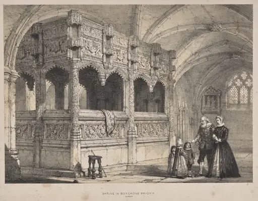 Architecture of the Middle Ages:  Shrine of the Countess de la Warre in Boxgrove Priory, Sussex, by Joseph Nash