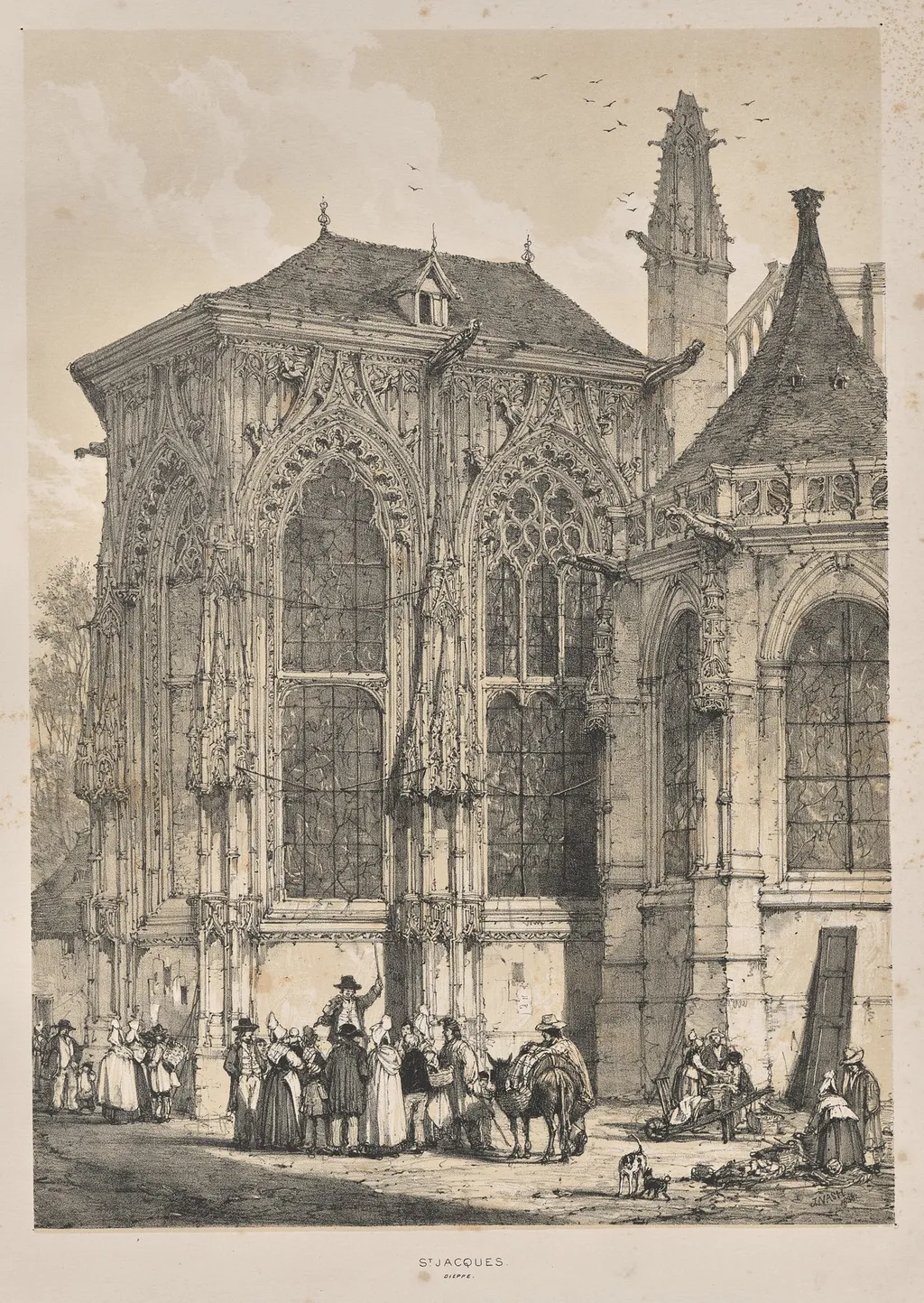 Architecture of the Middle Ages: St. Jacques, Dieppe, East End, Exterior, by Joseph Nash, 1838