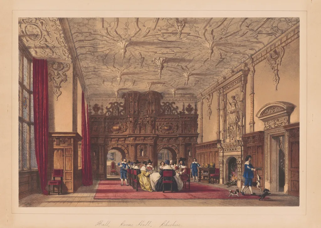 Hall, Crewe Hall, Cheshire, by Joseph Nash, ink, 1849