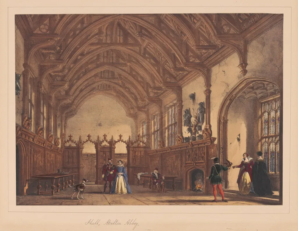 Hall, Milton Abbey, by Joseph Nash, ink, 1849