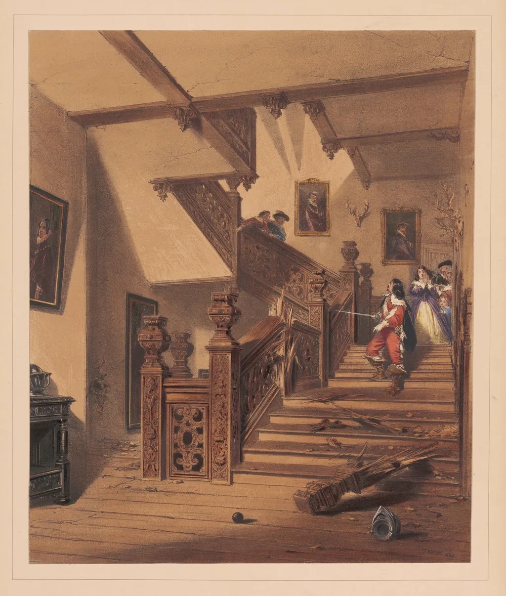 Staircase, Aston Hall, Warwickshire, by Joseph Nash, ink, 1849