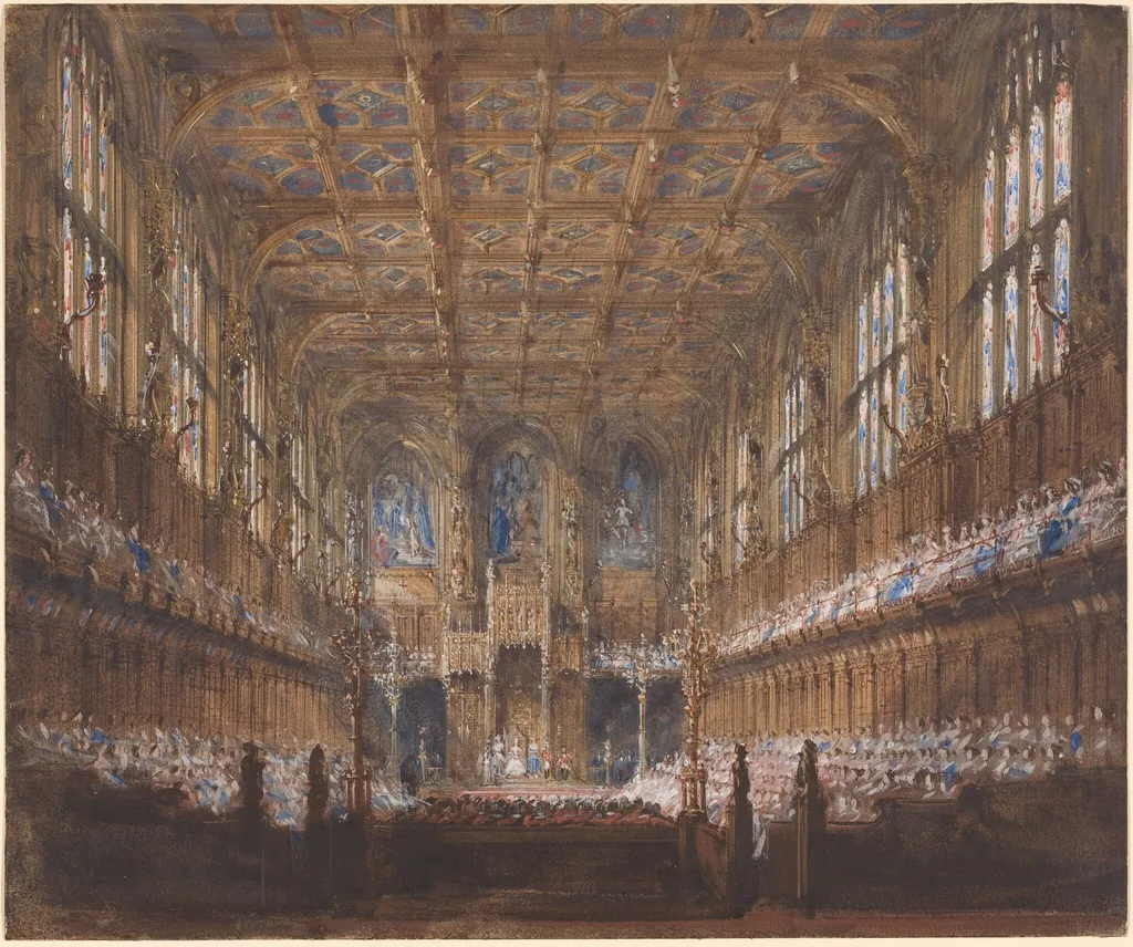 The State Opening of Parliament in the Rebuilt House of Lords, by Joseph Nash, gouache, 1847
