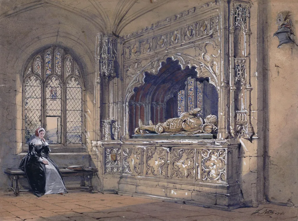 The supposed tomb of Thomas Fiennes, in Herstmonceux Church, Sussex, looking south-east from the North Chapel, by Joseph Nash, watercolor, 1866