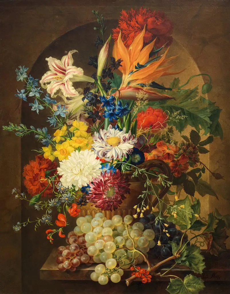 Bouquet of flowers in a niche, by Joseph Nigg