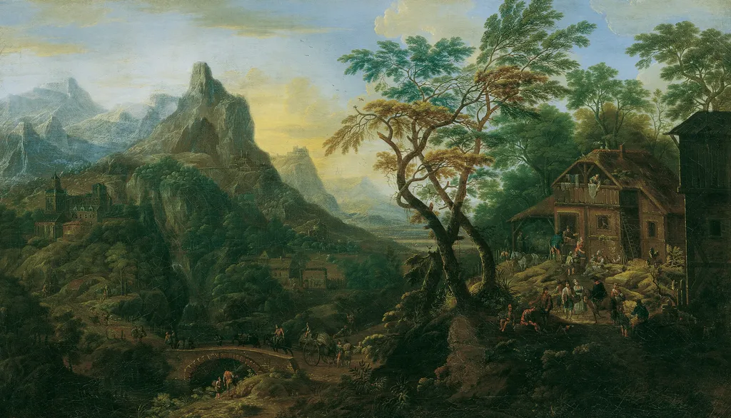 Mountain landscape with castle, by Joseph Orient, oil, 1722