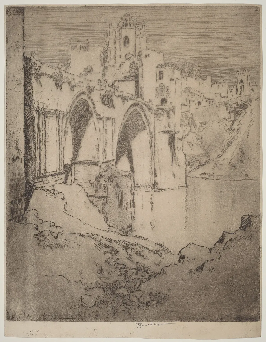 Bridge of San Juan D'Los Reyos, Toledo, by Joseph Pennell, ink, 1904