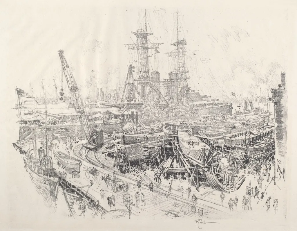 Building Submarine Chasers, by Joseph Pennell, ink, 1917