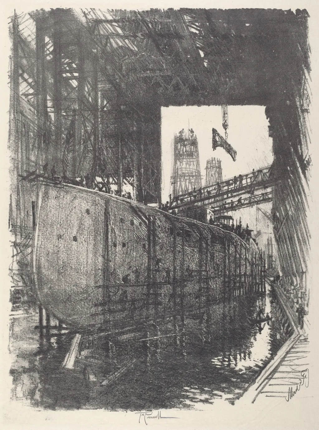 Building the Battleship, by Joseph Pennell, ink, 1917
