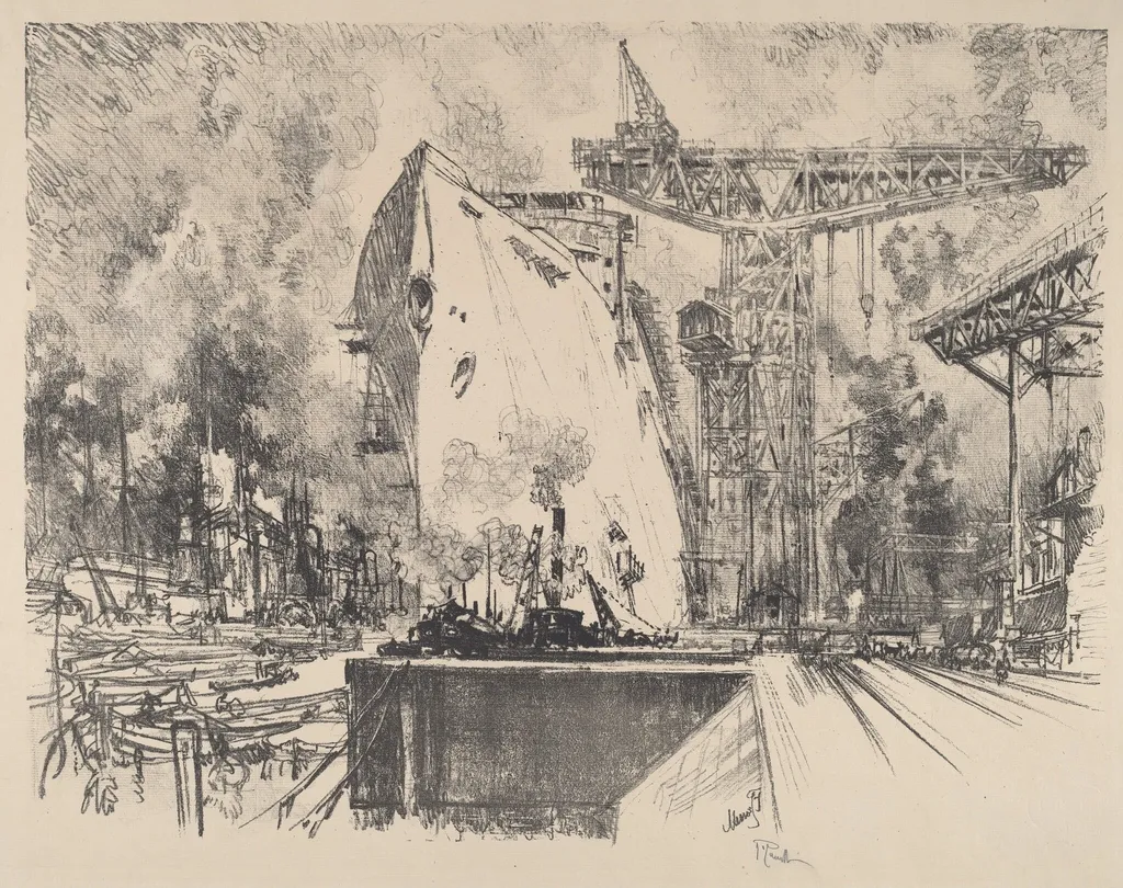 Building the Bismarck, Hamburg, by Joseph Pennell, ink, 1914