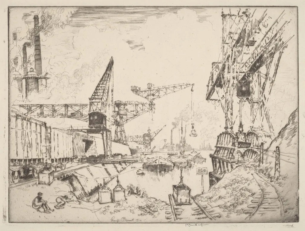 Cranes at Duisburg, by Joseph Pennell, ink, 1910